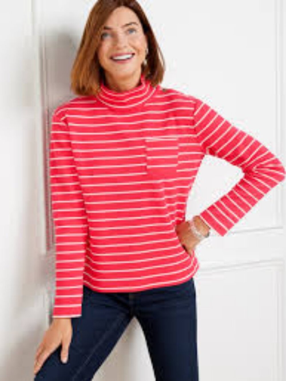 Talbots Button Mockneck Pullover Sweater - Marin Stripe ** Size Large